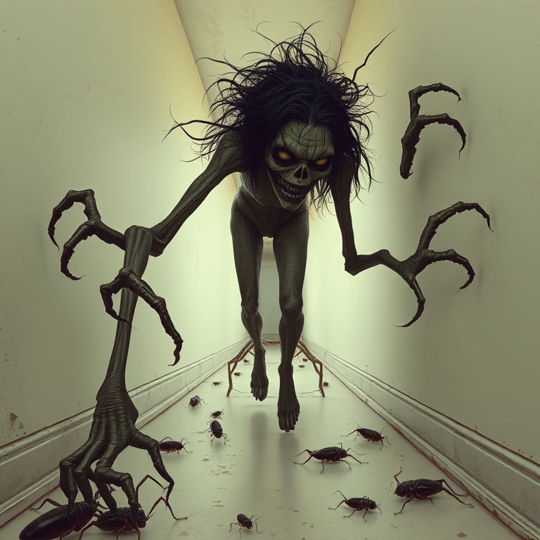 a crooked female with long arms and a creepy smile is crawling along a long white corridor and you can also see cockroaches in it there is a creepy atmosphere creepy art style