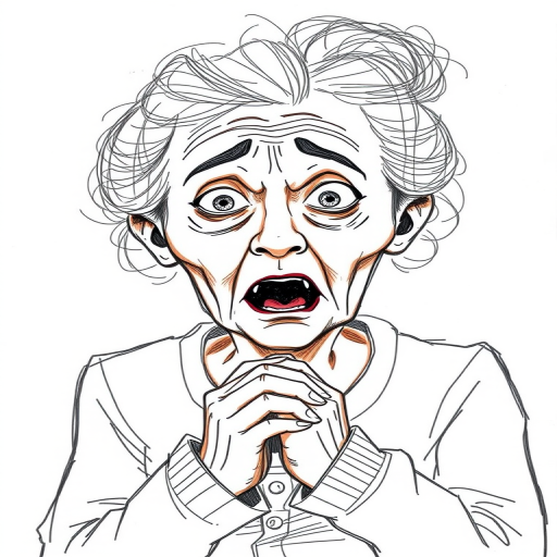 scribbly unfinished sketch, old lady with messy gray hair in a loose bun, surprised expression, mouth open, hands clasped together in front of her chest. Her eyes are wide, eyebrows are furrowed. vibe of shock or surprise.
