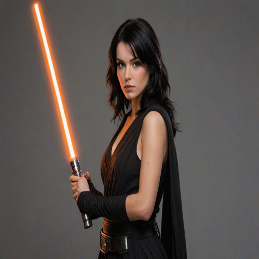 realistic image of a black haired woman, she is holding a orange lightsaber