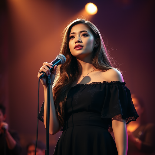 A young filipina woman with long, flowing brown hair is standing in the center of the frame, holding a microphone in her right hand, and looking slightly off to the right side of the frame. She is wearing a black, off-the-shoulder dress with delicate lace detailing. The lighting is warm and dramatic, creating a spotlight effect on the singer. There are other figures in the background, blurred and out of focus, suggesting a concert or performance setting. The camera angle is low, capturing the woman from the waist up. The overall atmosphere is intimate and captivating.
