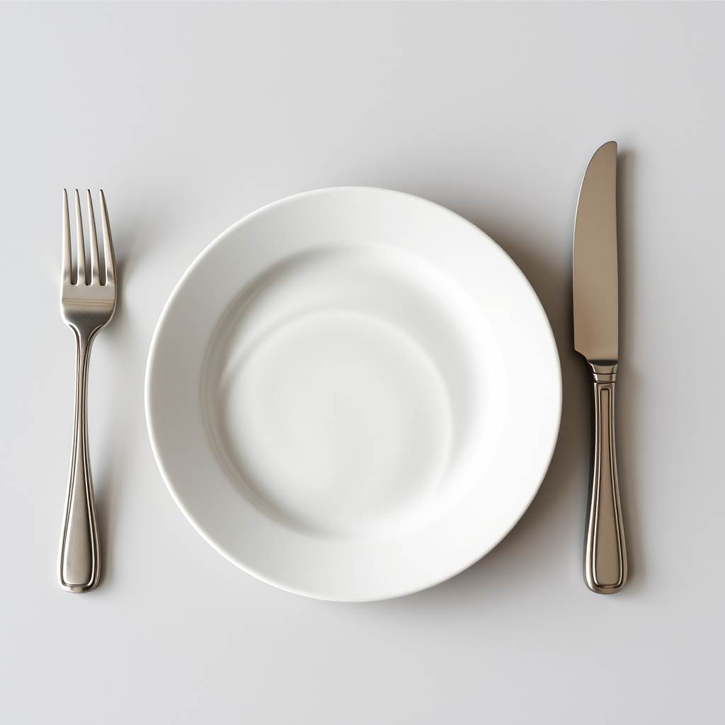 Create a high-resolution image of a simple white plate with a curved line design, placed in the center, with a fork on the left and a knife on the right, captured in macro view using a DSLR camera at f/2.8 aperture, ISO 100, and a shutter speed of 1/125s, with soft natural lighting to enhance details and textures.