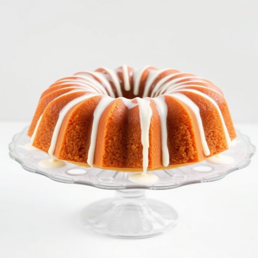 A beautifully glazed bundt cake with a golden brown exterior and white icing drizzled over the top displayed on an elegant cake stand against a simple light background.