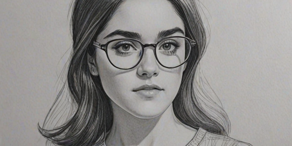 Gorgeous Isabelle Fuhrman, pencil sketch, portrait of Dazzling woman 1960s in glasses, hair style beatnik, outline, clear lines, fine lines, 8k