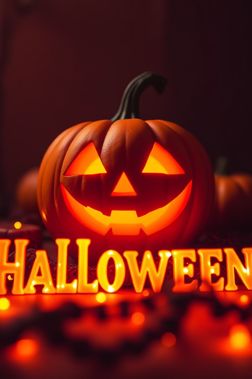 Create a Halloween-themed image of a glowing jack-o'-lantern surrounded by fiery letters spelling "Halloween" with a warm color palette, taken with a DSLR camera at f/2.8 aperture, 1/100 sec shutter speed, ISO 200, using a low-angle shot and a soft-focus lens to enhance the glowing effect.