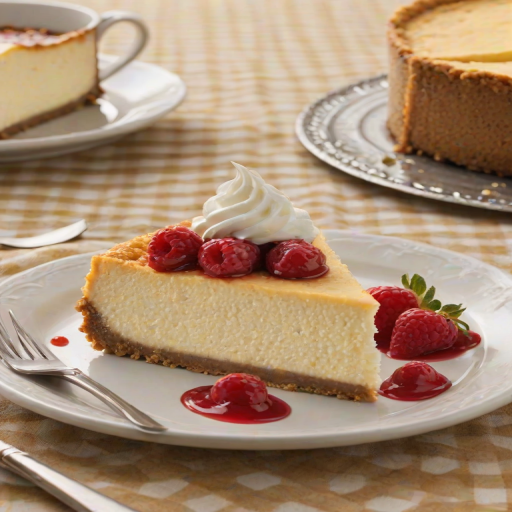 Create an image of a cheesecake with a crumbly topping. The cheesecake should have layers and a golden crust, placed on a checkered tablecloth. The setting should be warm and inviting, emphasizing the dessert's textures and colors.