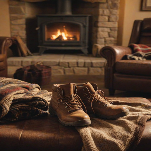Warmly lit photo of a pair of worn leather hiking boots resting by a fireplace, soft golden light illuminating the room, with a cozy blanket draped over a chair in the background.