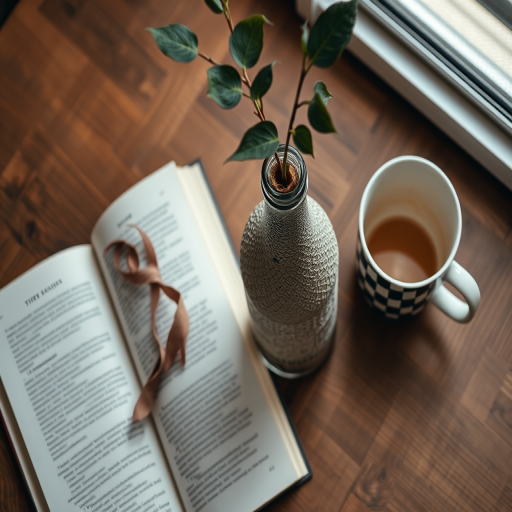 Still life composition of a book, a textured bottle with a plant, and a polka-dotted cup on a wooden surface, soft natural lighting, aperture f/5.6, shutter speed 1/60s, ISO 200, DSLR camera, top-down view, high resolution.