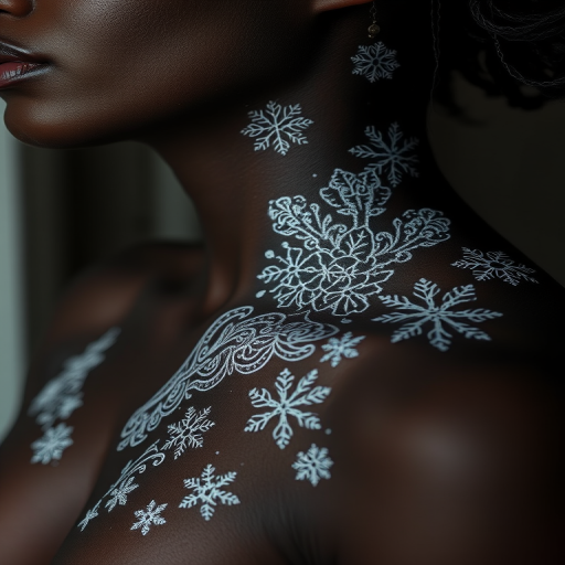 Mystical white ink tattoo on dark skin depicting intricate lace patterns and delicate snowflakes creating a subtle yet stunning contrast
