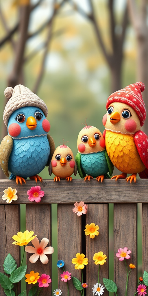 create a scene of 4 quirky  whimsical colourful comical birds each with a funny expression. they are sat on a wooden fence with colourful flowers. they are all different sizes. each one is a different colour  one is wearing a woolly hat. Each one has a different quirky google expression and there is a muted background of trees watercolour paintierly style high definition 8k resolution 3D paper mache