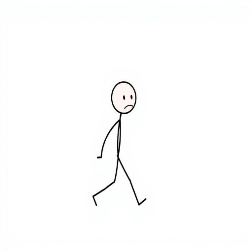 Create a high-quality vector illustration of a stick figure walking with a sad expression, using a clean white background, in a minimalist style, with smooth lines and dynamic motion, captured with a Canon EOS R5, 50mm lens, f/1.8 aperture, ISO 100, and horizontal view.