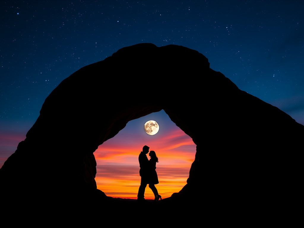silhouette of a couple embracing under a partially illuminated full moon framed by a natural rock arch at dusk, with a starry sky and vibrant sunset colors, captured with a Canon EOS R5, 50mm lens, f/1.4, ISO 200, 1/60 sec, low-angle view, high dynamic range imaging for enhanced detail and color richness