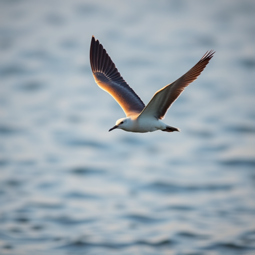 Capture a detailed image of a flying bird over a serene body of water, using a Canon EOS-1D X Mark III with a 200mm f/2.0 lens, set at ISO 400, aperture f/4, shutter speed 1/2000s, in a shallow depth of field for sharp focus on the bird against a softly blurred background.