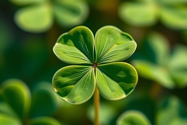 Create a high-resolution image of a four-leaf clover, emphasize the smooth edges and symmetrical shape, use a macro lens with f/2.8 aperture, ISO 100, 1/200 sec shutter speed, captured in bright, natural light.