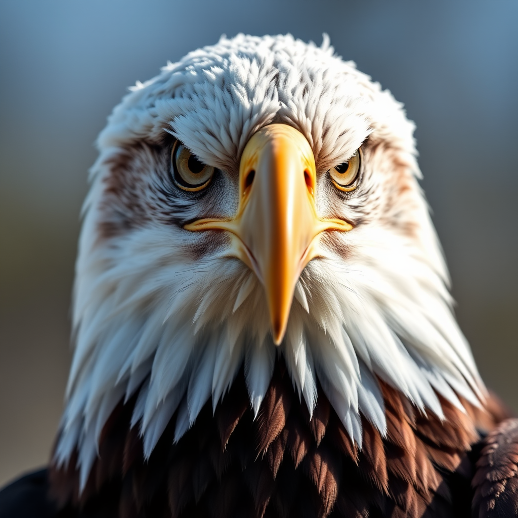 Capture a close-up portrait of a bald eagle showcasing intense eyes and detailed feathers, using a Canon EOS R5 with an 85mm f/1.4 lens, aperture set to f/2.8, ISO 200, in natural light with a shallow depth of field and a soft focus background for a dramatic effect.