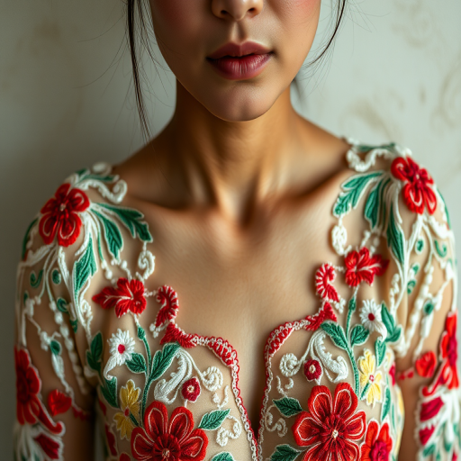 Face, shoulders, chest covered in openwork Vietnamese embroidery. Raw, unedited image.