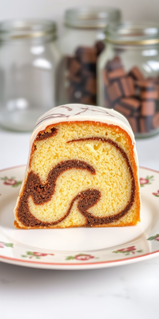 A beautifully sliced marble cake showing distinct layers of vanilla and chocolate flavors on a decorative plate with a soft focus background of glass jars.