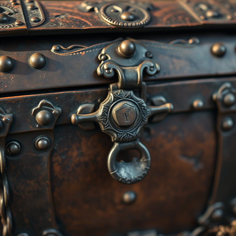Create an image of a pirate treasure chest with intricate metalwork and a prominent lock, using a Canon EOS R5, 50mm lens, f/1.8 aperture, natural lighting, and a shallow depth of field to enhance the focus on the chest details.