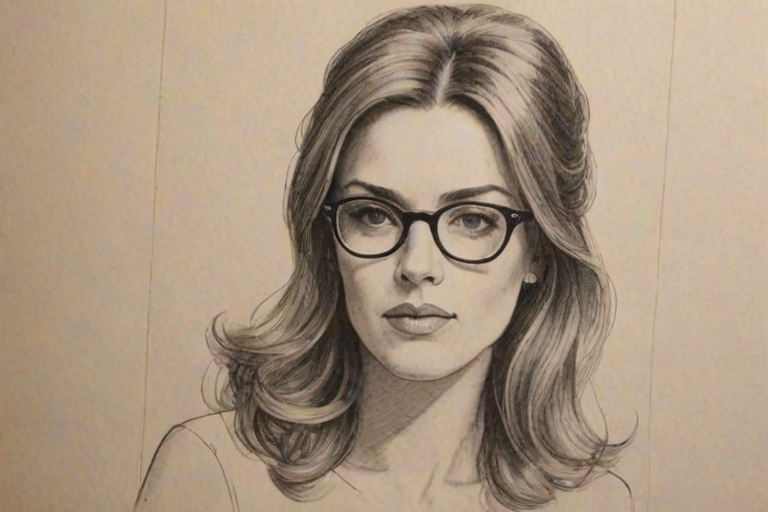 Magnificent Mariana Trevi'o, pencil sketch, portrait of Elegant woman 1979s in glasses, hair style beatnik, outline, clear lines, fine lines, 8k