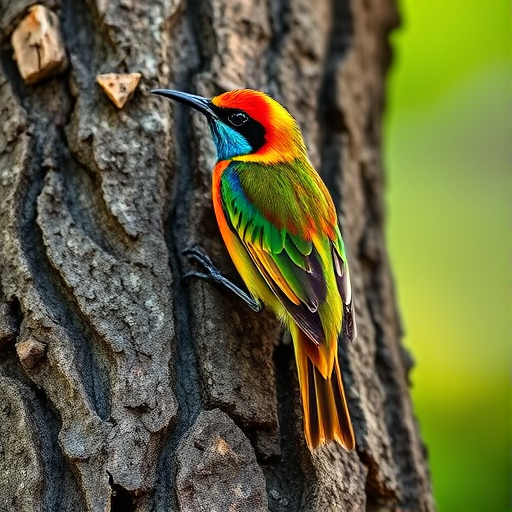 A vibrant sunbird perched on a textured tree trunk, captured with a Canon EOS 5D Mark IV, 100mm lens, f/2.8 aperture, ISO 200, 1/250 sec, using a macro view to enhance detail and color clarity.