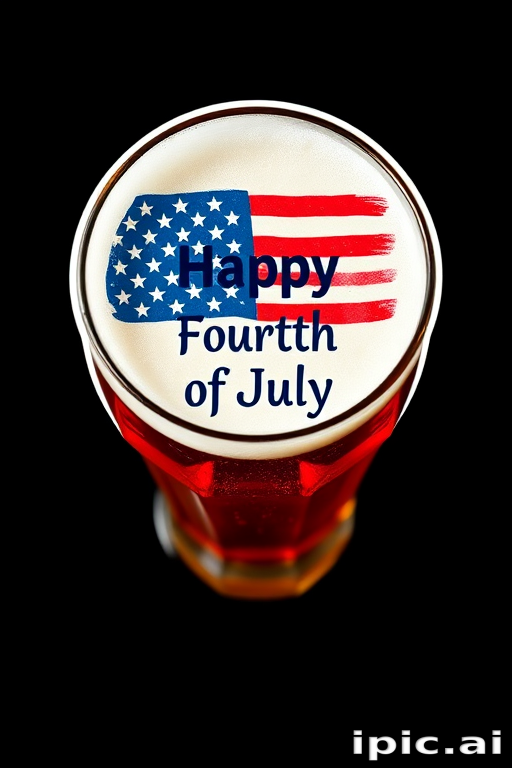 sticker, top-down view of a glass of beer, with foam in the shape of an American Flag in the center with text "Happy Fourth of July" black background