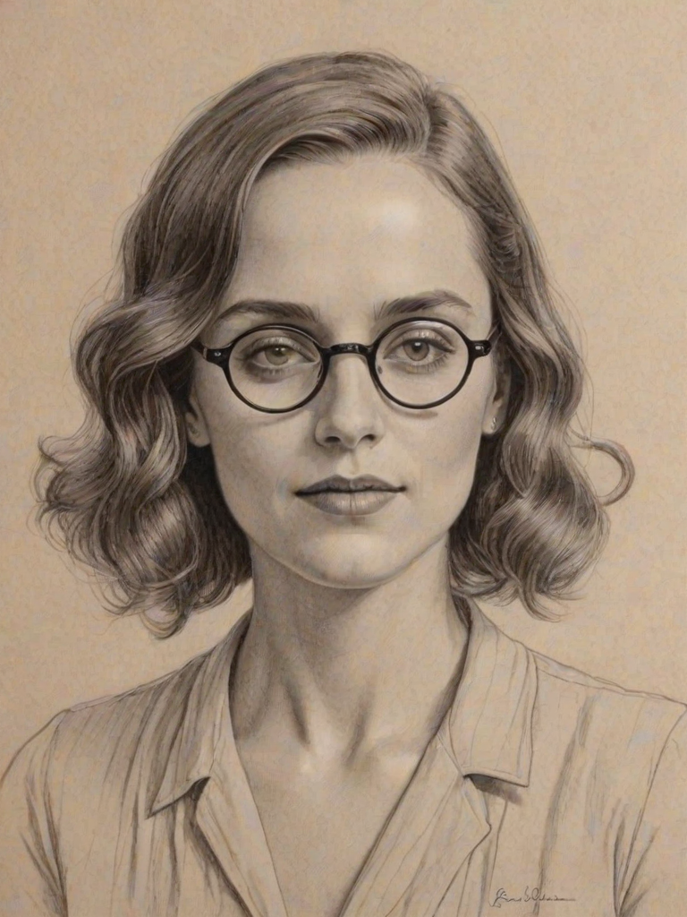 Comely Kerry Condon, pencil sketch, portrait of Enchanting woman 1924s in glasses, hair style beatnik, outline, clear lines, fine lines, 8k