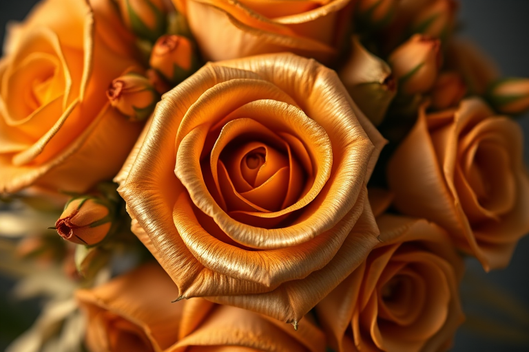 golden rose bouquet design, high resolution, 50mm lens, f/1.8 aperture, ISO 100, top-down view, macro photography, studio lighting