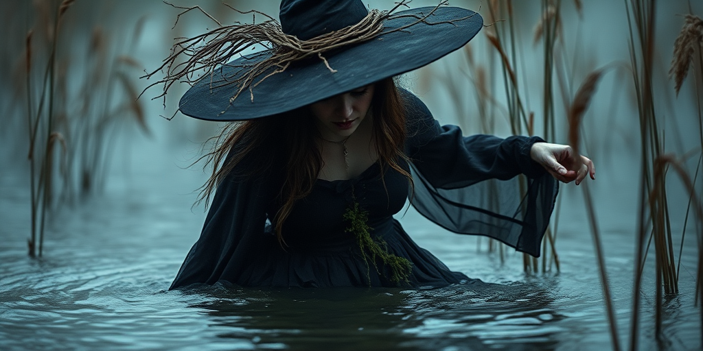 Create a dark fantasy image of a witch emerging from the water, wearing a tattered black dress with moss and vines, a wide-brimmed hat adorned with branches, surrounded by mist and tall reeds, shot with a Canon EOS R5 at f/1.4, ISO 100, 50mm lens, using a low-angle perspective to emphasize the witch's imposing figure and evoke a mysterious ambiance.