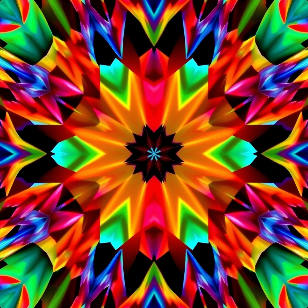 Generate a high-resolution image of a geometric abstract pattern with vivid colors, using a DSLR camera, 50mm lens, f/1.8 aperture, ISO 100, with a top-down view.