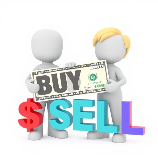 Create a 3D illustration of two stylized figures with the words "BUY" and "SELL" in bold colorful letters, one holding a large dollar bill, use a 50mm lens, f/4 aperture, ISO 100, and a white background for clarity, shot from a slight low angle for depth.