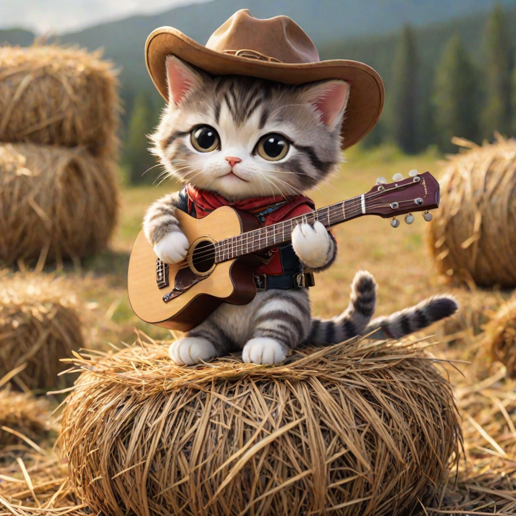 A chibi cat, dressed as a cowboy, playing guitar, sitting on a hay bale