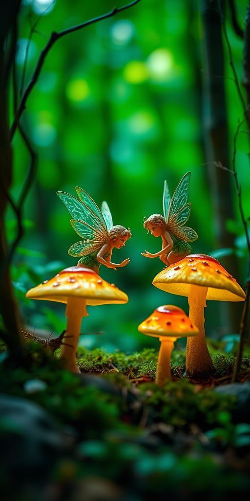 Create a whimsical forest scene featuring two fairies interacting near glowing mushrooms with a vibrant green background, using a DSLR camera at f/2.8, ISO 100, shutter speed 1/200s, shot in a wide-angle view with soft focus to enhance magical details and sharpness.
