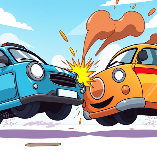 Create a high-resolution vector illustration of two cartoon cars in a collision, using a 50mm lens, aperture f/8, ISO 100, with a frontal view and vibrant colors for enhanced visual appeal.