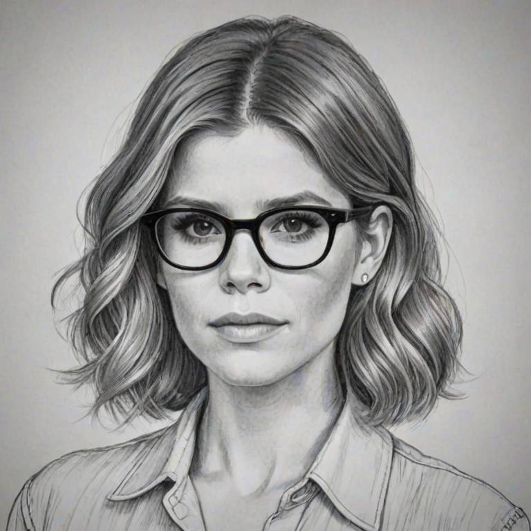 Captivating Kate Mara, pencil sketch, portrait of Attractive woman 1947s in glasses, hair style beatnik, outline, clear lines, fine lines, 8k