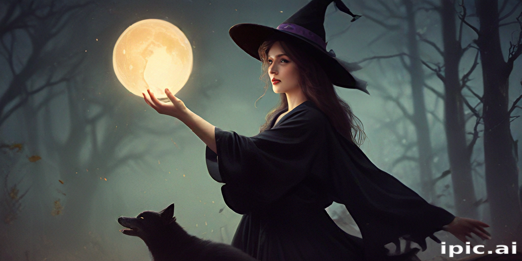 Enchanting Witch Casting Spells Beneath a Full Moon with Her Loyal Dog