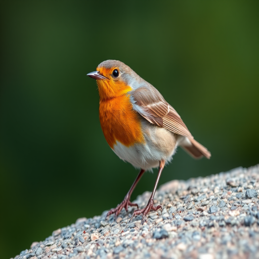 A close-up shot of a European Robin perched on a textured stone surface, using a Canon EOS R5, 100mm f/2.8 macro lens, ISO 200, aperture f/4, shutter speed 1/200s, with natural soft lighting and a shallow depth of field for a blurred background.