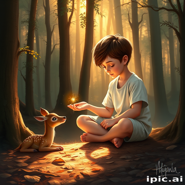 A luminous digital painting of a serene forest scene featuring a barefoot young boy, about 7 years old, with brown hair and fair skin, dressed in a simple white outfit. He sits cross-legged on the forest floor, gazing at a small, glowing, magical firefly in his hand. Beside him, a delicate spotted deer lies calmly on a bed of dried leaves, observing the scene. The dense forest is bathed in warm, golden light filtering through the trees, creating a peaceful, magical atmosphere with a blend of natural and mystical elements.