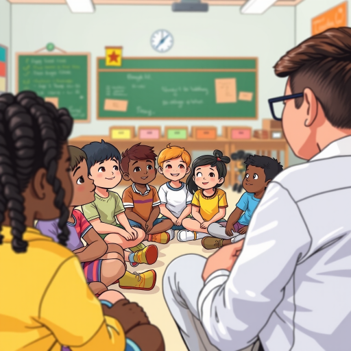Create an illustration of a diverse group of children sitting in a semi-circle, attentively listening to a teacher in a vibrant classroom setting, using a Canon EOS R5, 50mm lens, f/2.8 aperture, 1/200s shutter speed, natural lighting for enhanced image quality.