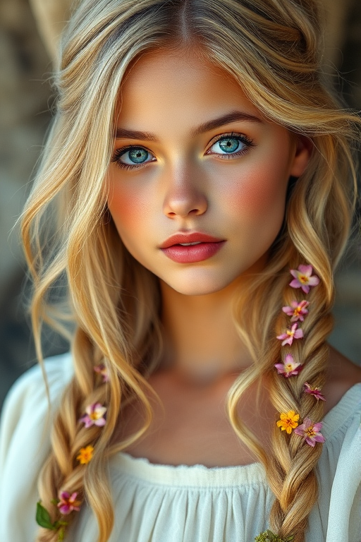 Create an image of a young Micronesian woman with long, wavy blonde hair, adorned with small, colorful flowers woven into her braids and loose strands. Her complexion is fair, with soft, glowing skin, and she has light blue eyes that gaze softly at the viewer. She wears a light, flowing dress with a gentle, ethereal quality, complementing her delicate and serene appearance. The background is slightly blurred, drawing focus to her tranquil expression and the intricate details of the flowers in her hair. The overall mood of the image is one of natural beauty and grace, evoking a sense of peacefulness and connection with nature.