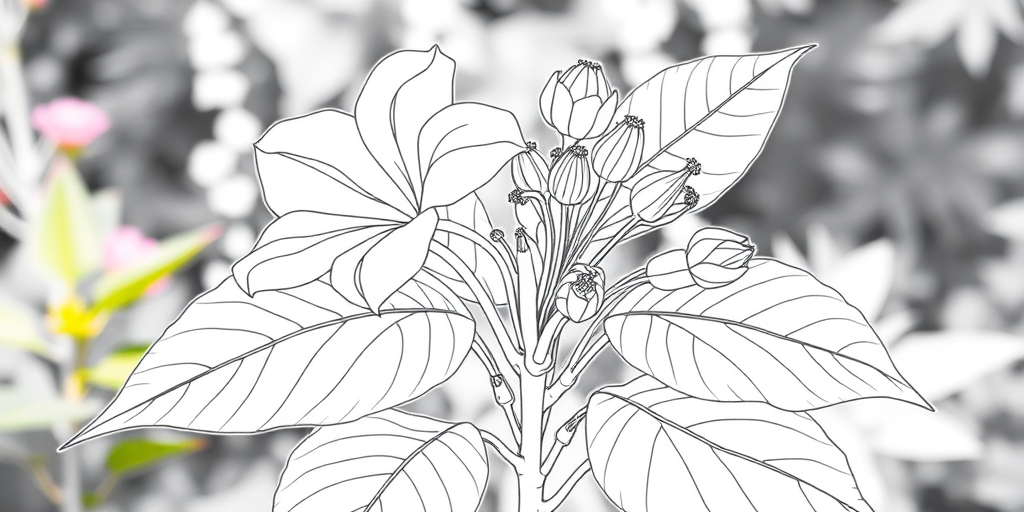 A detailed line drawing of a flowering plant with large leaves and blossoms, captured with a DSLR camera, 50mm lens, f/8 aperture, 1/125 shutter speed, natural lighting, and a shallow depth of field to enhance the subject clarity and sharpness.
