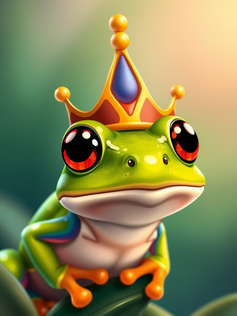 create an illustration of a cartoon green frog wearing a colorful crown on its head, captured with a DSLR camera at f/2.8, 1/160 sec, ISO 200, in a close-up view, using vibrant colors and a soft-focus background for enhanced image quality