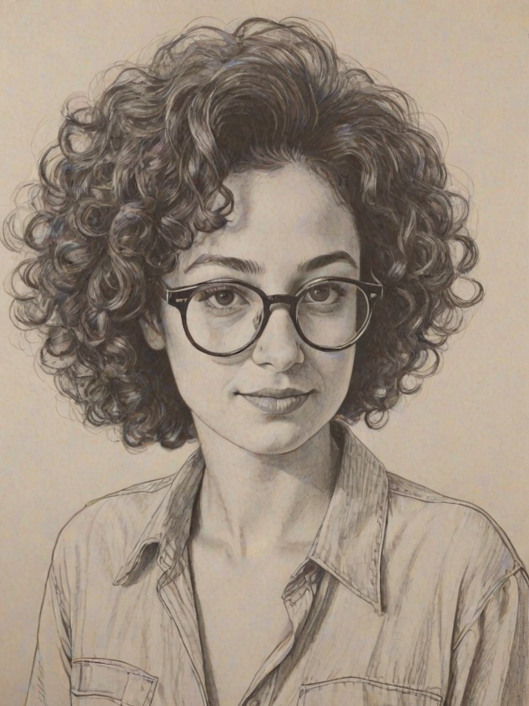 Fetching Ilana Glazer, pencil sketch, portrait of Fascinating woman 1974s in glasses, hair style beatnik, outline, clear lines, fine lines, 8k