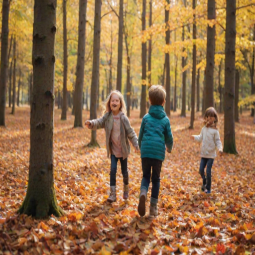 Blurry, candid photo of children playing in a colorful autumn forest, soft light filtering through the trees, with leaves flying in all directions and distant laughter echoing in the background.