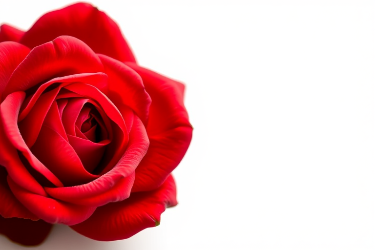create a hyper-realistic image of a single red rose with detailed petals and leaves on a white background, using a DSLR camera with a 50mm lens, aperture set to f/2.8, ISO 100, and a shallow depth of field to enhance the richness of colors and details.