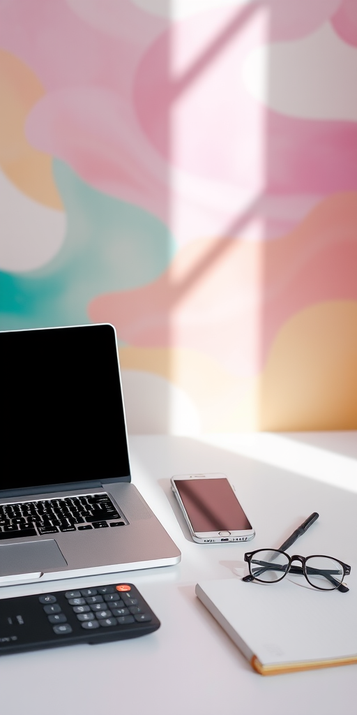 Create a vibrant abstract background with soft pastel colors blending into one another, showing a minimalistic workspace setup featuring a laptop, smartphone, tablet, calculator, notebook, and glasses, shot with a shallow depth of field at f/2.8, ISO 100, 50mm lens, natural lighting to enhance details and colors.
