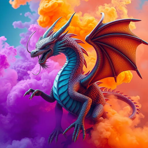 Create a vibrant illustration of a mythical dragon with intricate scales and dynamic poses, set against a colorful, swirling background of purple and orange smoke, captured with a DSLR camera at f/2.8, ISO 100, 50mm lens, in portrait orientation, using high saturation and contrast for enhanced colors.