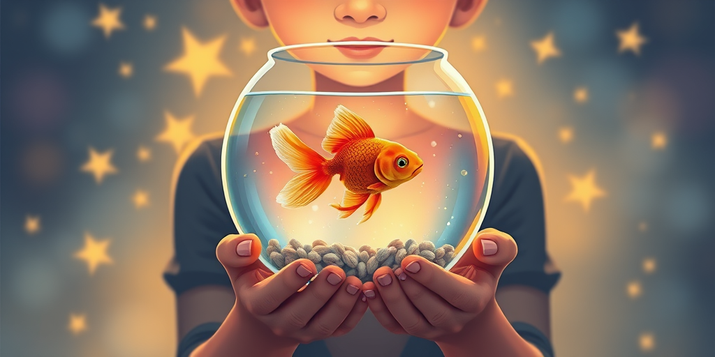 Create an illustration of a person holding a transparent fishbowl with goldfish, surrounded by stars, using a Canon EOS 5D Mark IV, 50mm lens, f/2.8 aperture, ISO 100, with a soft-focus background and vibrant color palette.