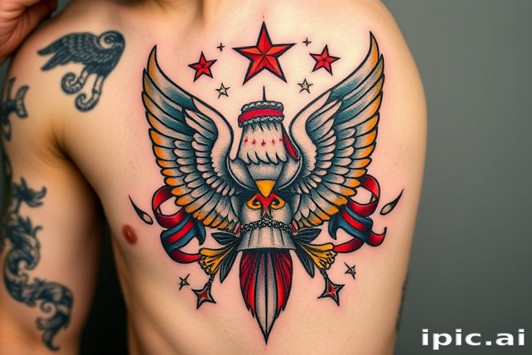 Neo-traditional tattoo named "Bold Heritage" combining classic Americana motifs with modern color palettes and stylized elements for a contemporary twist on timeless designs