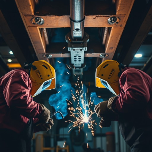 welders working under a structure creating sparks and bright light, low angle view, shallow depth of field, ISO 400, f/2.8, 1/125 sec, DSLR camera, low light photography, sharp focus on welding area with a blurred background