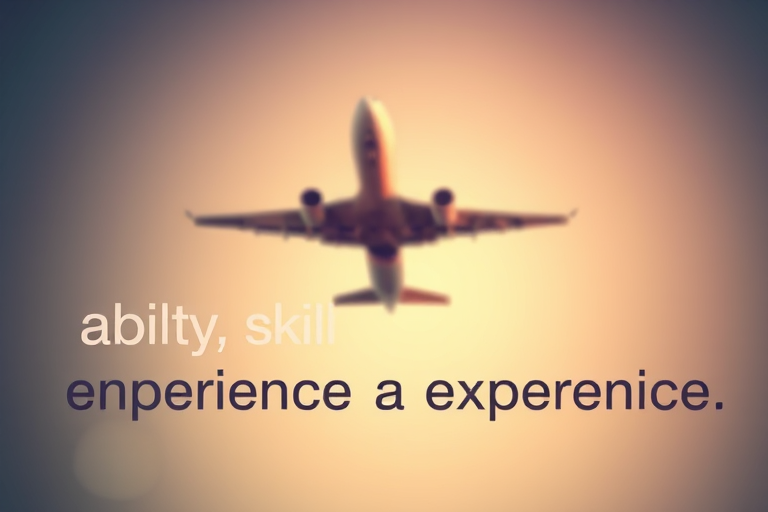 generate an image of a blurred airplane with words like ability, skill, intelligence, competence, experience, expertise, capability overlaid in a creative font, use a Canon EOS R5 camera with a 50mm lens set to f/1.8, ISO 100, shutter speed 1/500 sec, in a soft-focus style against a gradient background.