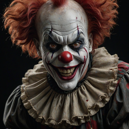Create a hyper-realistic, dark, and eerie clown with a sinister smile, set against a black background. The clown should have exaggerated makeup with sharp, contrasting colors to enhance its menacing appearance. The overall atmosphere should be unsettling and intense, capturing a sense of horror and suspense